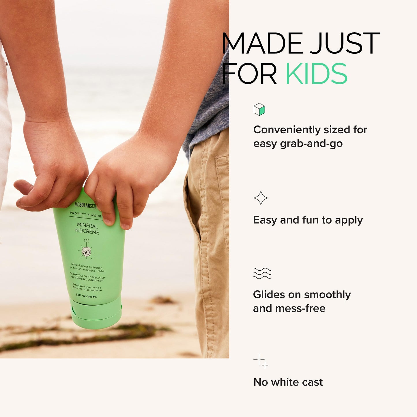 MDSolarSciences Mineral KidCrème SPF 50 | Gentle Kids Sunscreen | Zinc Oxide & Squalane Formula | Water-Resistant Fragrance-Free Protection | 3.4 Fl
