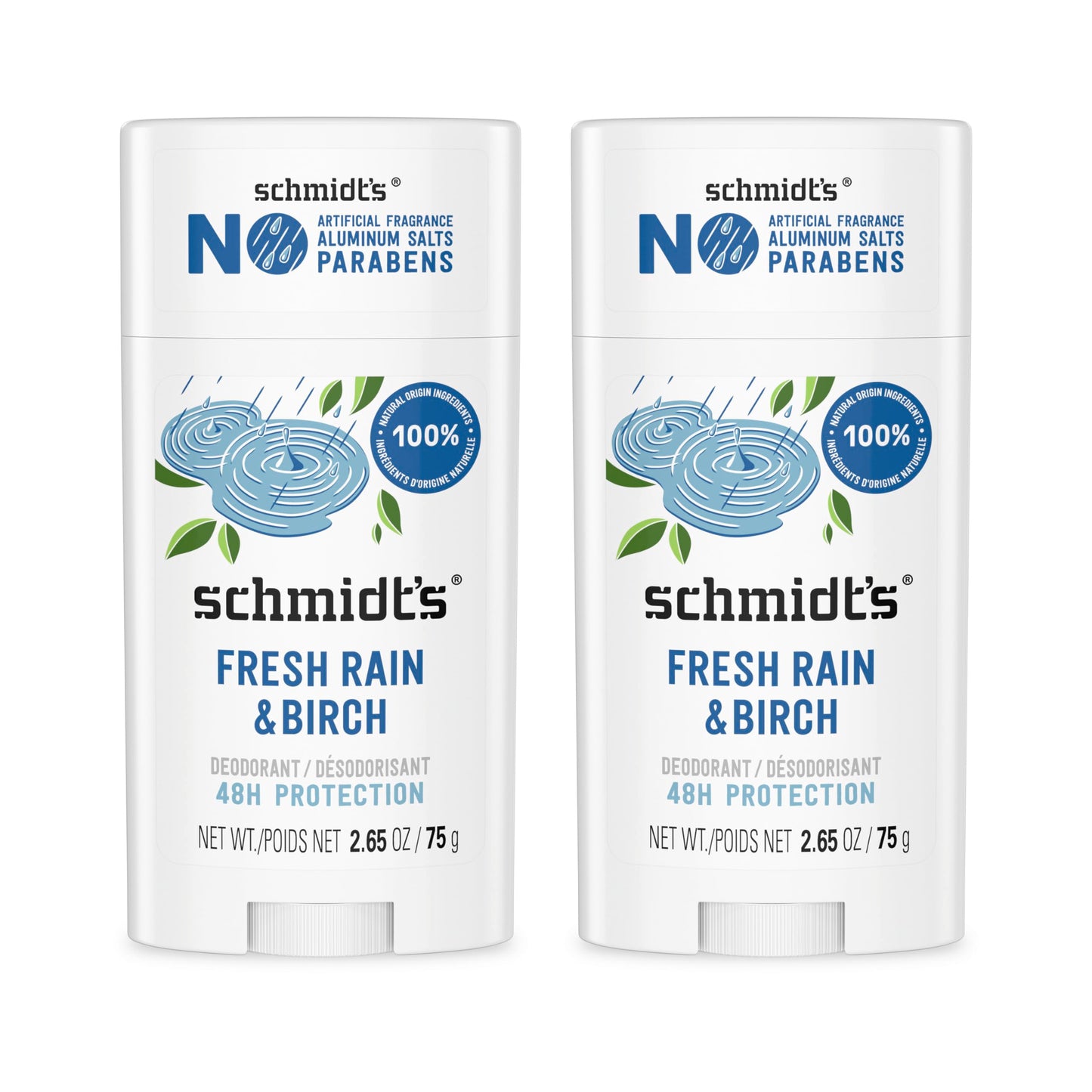 Schmidt's Aluminum-Free Vegan Deodorant Fresh Rain & Birch with 24 Hour Odor Protection, 2 Count for Women and Men, Natural Ingredients, Cruelty-Free Beauty and Personal Care Schmidt's