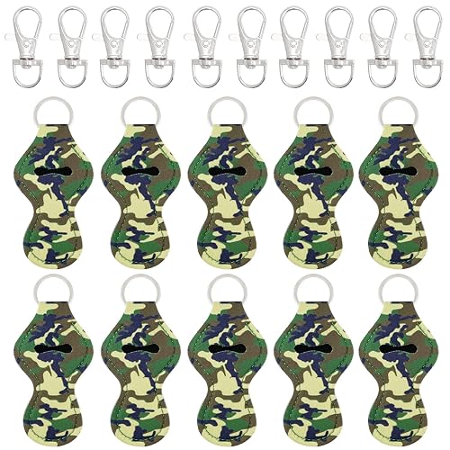 allydrew 10 Pack Chapstick Holder Keychain, Keyring for Lip Balm Lip Gloss Lipstick with 10 Pieces Metal Keyring Clasps, Camouflage