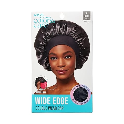 KISS Colors & Care Silky Satin Wide Edge Double Wear Cap XL, Black, Double Sided Reversible Design, Premium Charmeuse Fabric, Protects styles