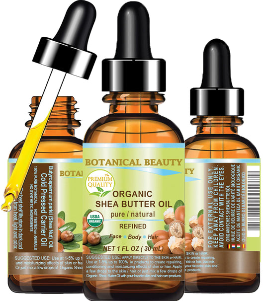 Botanical Beauty Organic SHEA BUTTER OIL 100% Pure Natural Undiluted Refined Cold Pressed Carrier Oil. 1 Fl.oz.- 30 ml for Face, Skin, Hair, Lip