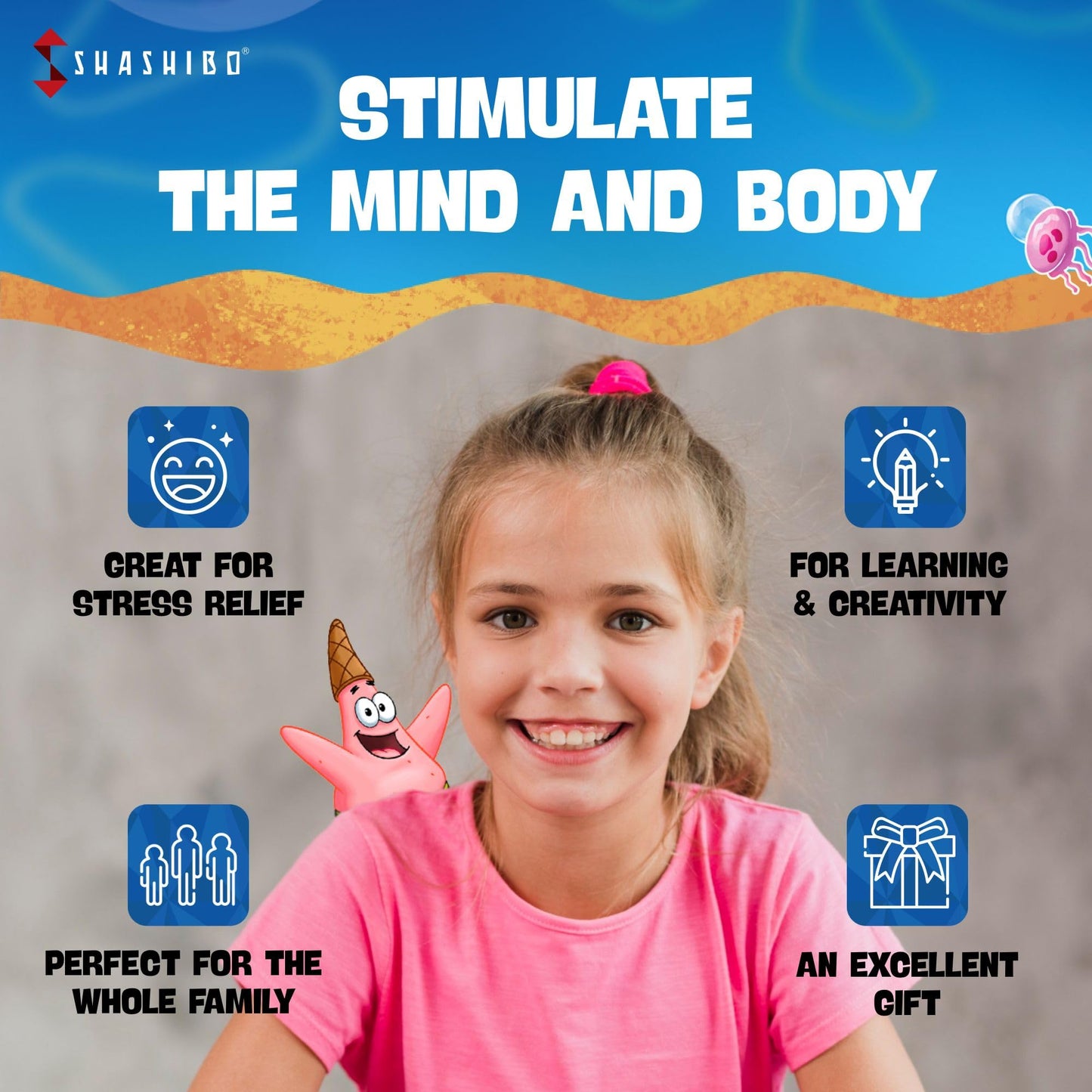 SHASHIBO SpongeBob SquarePants Shape Shifting Box – STEM Magnetic Fidget Cube, Transforms into 70+ Shapes, Mobile App Compatible (Beach Buddies)