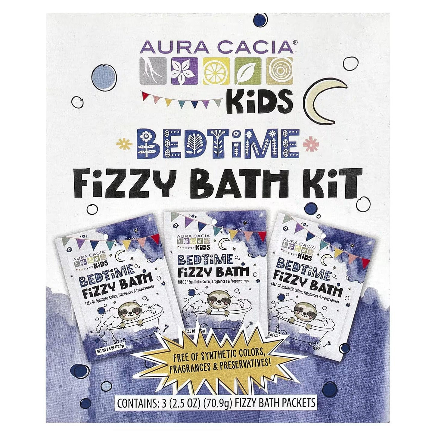 Aura Cacia Kids Bedtime Fizzy Bath Kit 3 x 2.5oz Packets - Fizzy, Foamy and Fun Bath Time!
