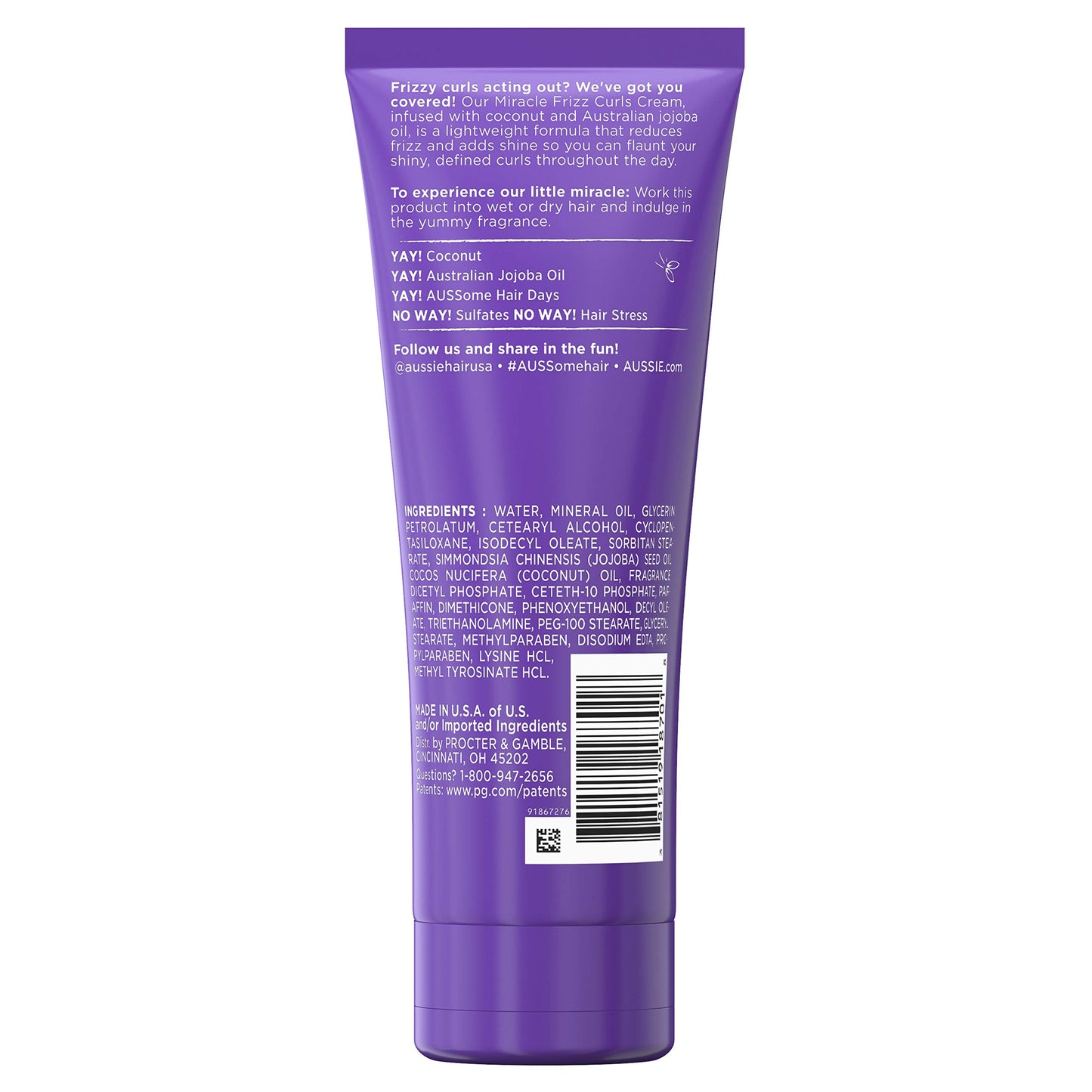 Aussie Miracle Curls Frizz Taming Curl Cream With Coconut & Jojoba Oil, 6.8 oz