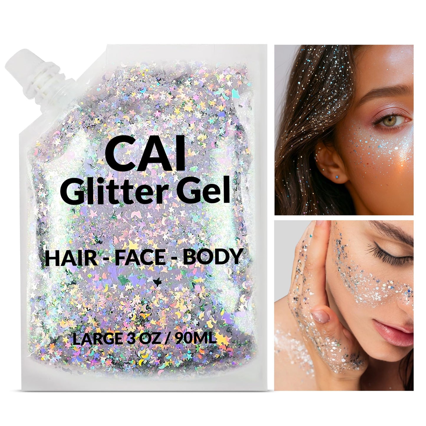 Face, Body & Hair Glitter Gel - Halloween Glitter for Kids and Women - 3 Oz Cosmetic-Grade Gel w/Moon & Stars for Festivals & Halloween Party, Easy