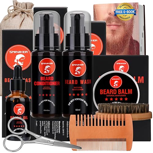 SMINIKER Beard Grooming Kit, Beard Oil, Beard Balm, Beard Shampoo, Beard Conditioner, Beard Brush, Beard Comb and Beard Mustache Scissors Beard Care