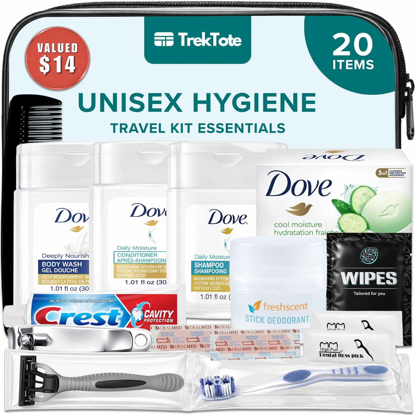 TrekTote 20 Piece Unisex Travel Hygiene Kit with Toiletries & Personal Care Essentials, TSA-Compliant, Individual and Bulk Packs Available Beauty and Personal Care TREKTOTE