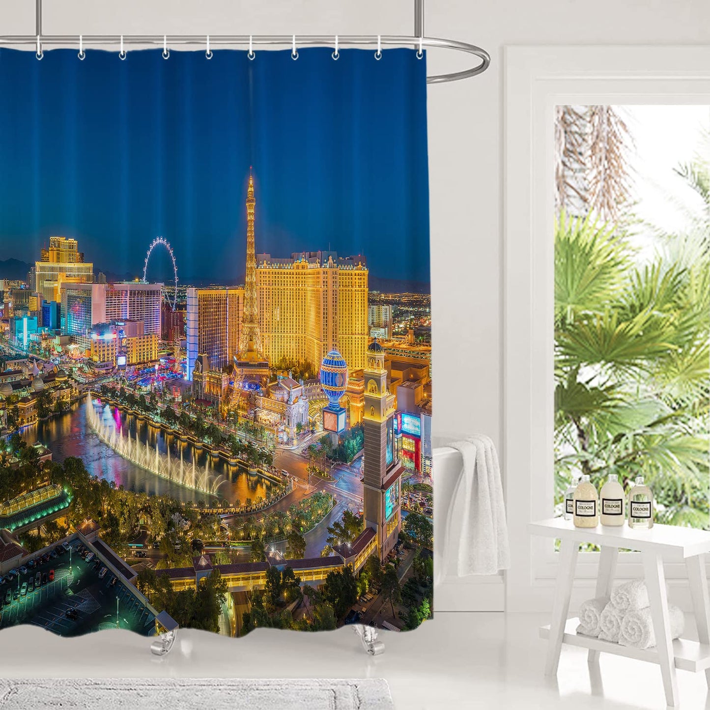 Shrahala Night USA Skyline Decorative Shower Curtain, Las Vegas Nevada Skyline Shower Stall Bathtubs Bathroom Decor Waterproof Funny 72x72 Inch
