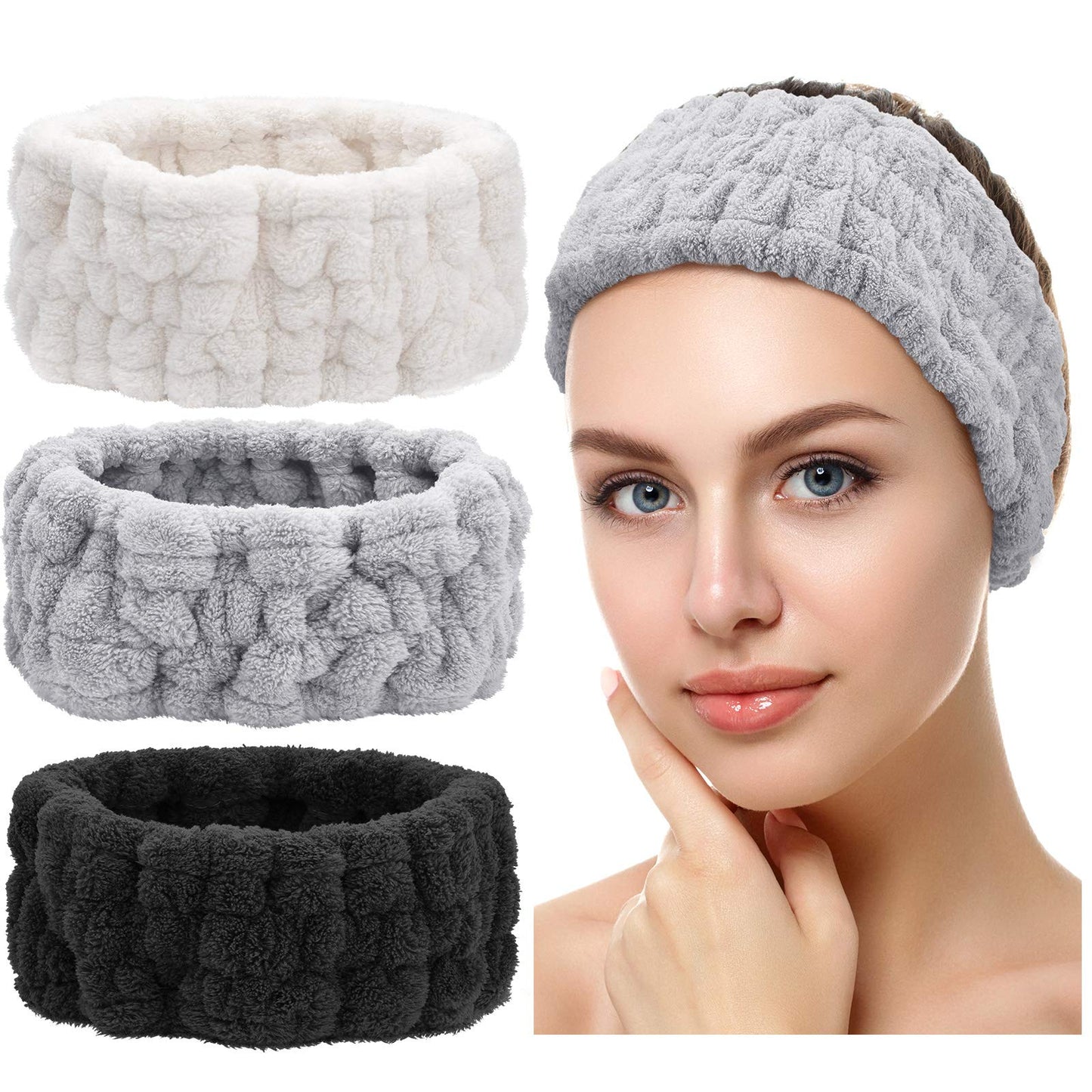 Chuangdi 3 Pieces Spa Headband for Women Facial Makeup Headband Soft Terry Cloth Hairband for Washing Face Mask Spa Shower Gifts(Black, White, Light