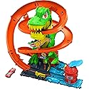Hot Wheels Toy Car Track Set, City T-Rex Blaze Battle Playset & 1:64 Scale Die-Cast Vehicle, 18” Tall, Multiple Race Outcomes, Spinning Dinosaur Eyes