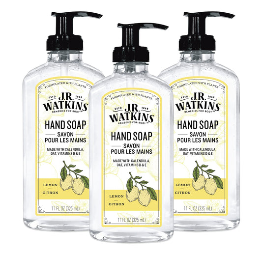 J.R. Watkins Gel Hand Soap, Scented Liquid Hand Wash for Bathroom or Kitchen, USA Made and Cruelty Free, 11 fl oz, Lemon, 3 Pack