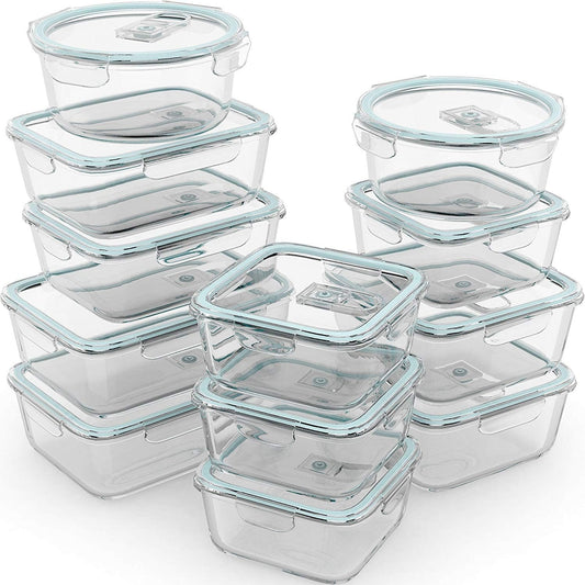 Razab 24 Pc Airtight Glass Food Storage Containers - Glass Meal Prep Containers - Freezer to Oven Safe - Steam Release Valve BPA Free - Airtight…