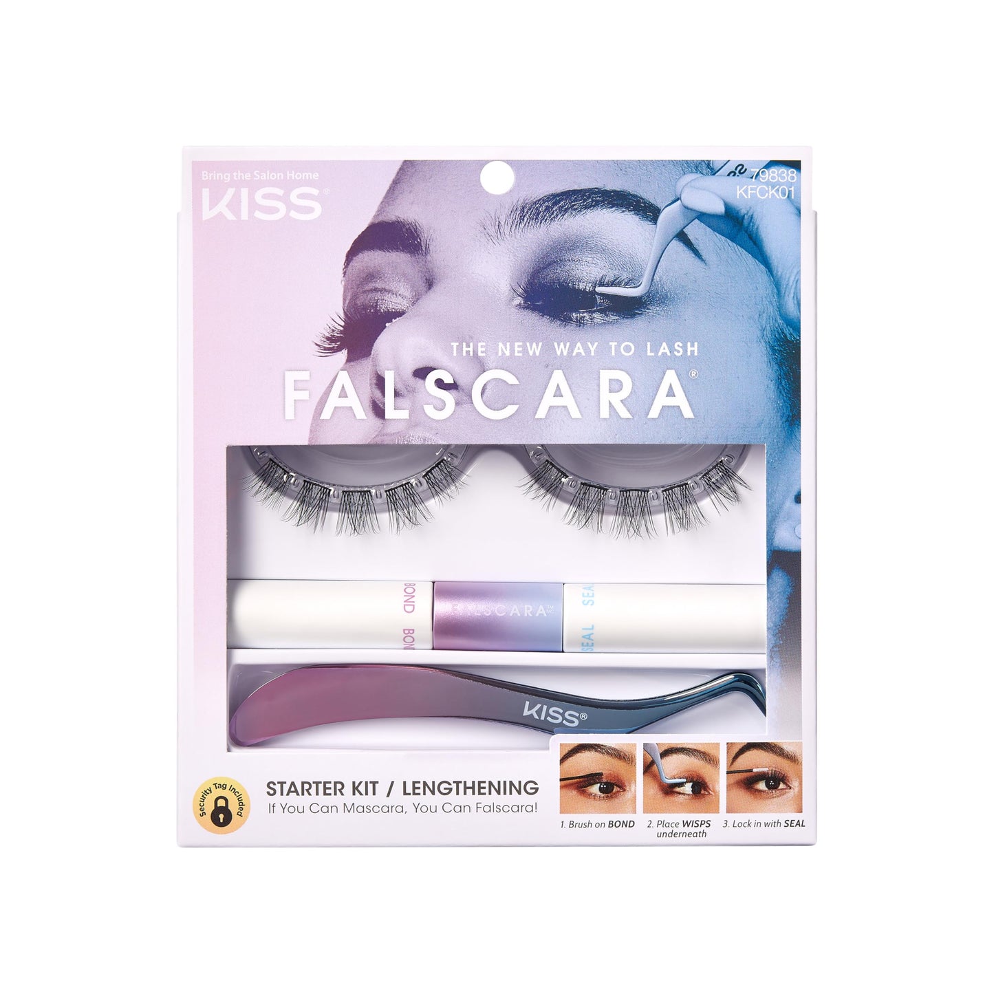 KISS Falscara DIY Lash Extension Starter Kit 10 Reusable Featherlight Eyelash Lengthening Wisps, Applicator, Bond & Seal