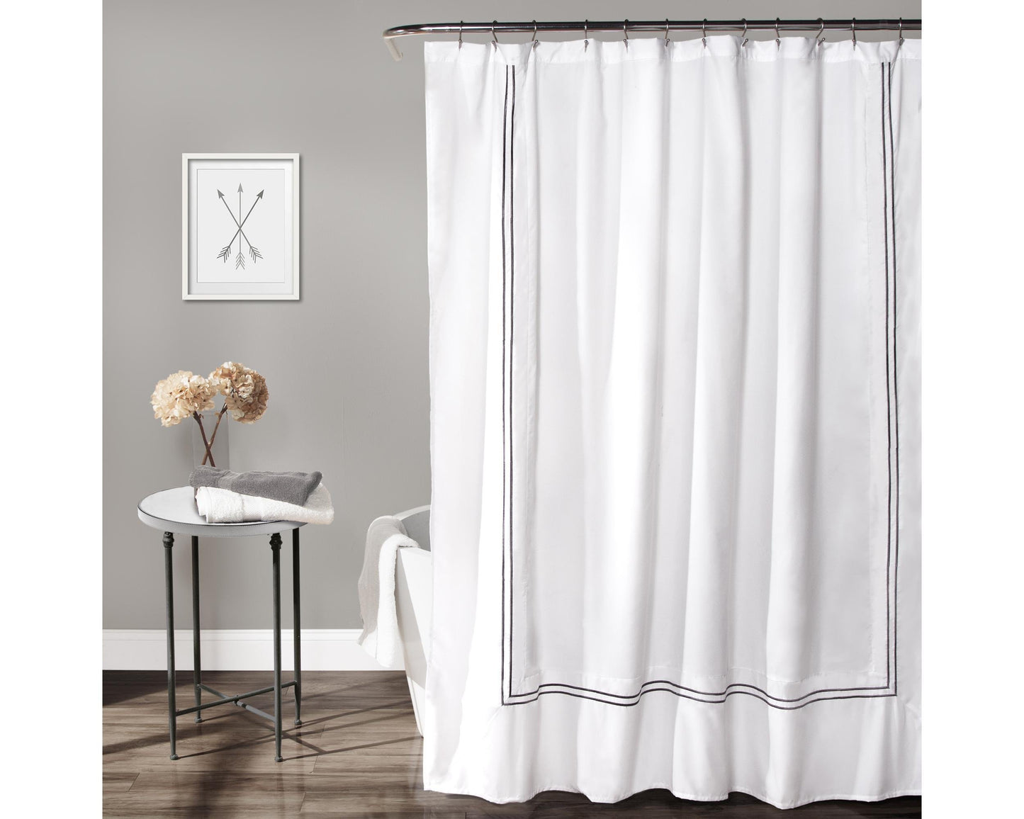 Lush Decor Hotel Collection Shower Curtain Fabric Minimalist Plain Style Bathroom Design, 72" x 72", White and Gray