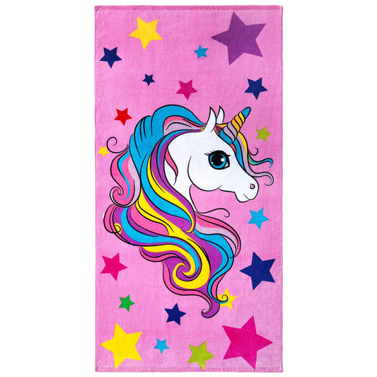 Beachland Unicorn and Stars Beach Towel 30 x 60 inch 100% Cotton Rainbow Colors (Pink Unicorn 1 Towel)