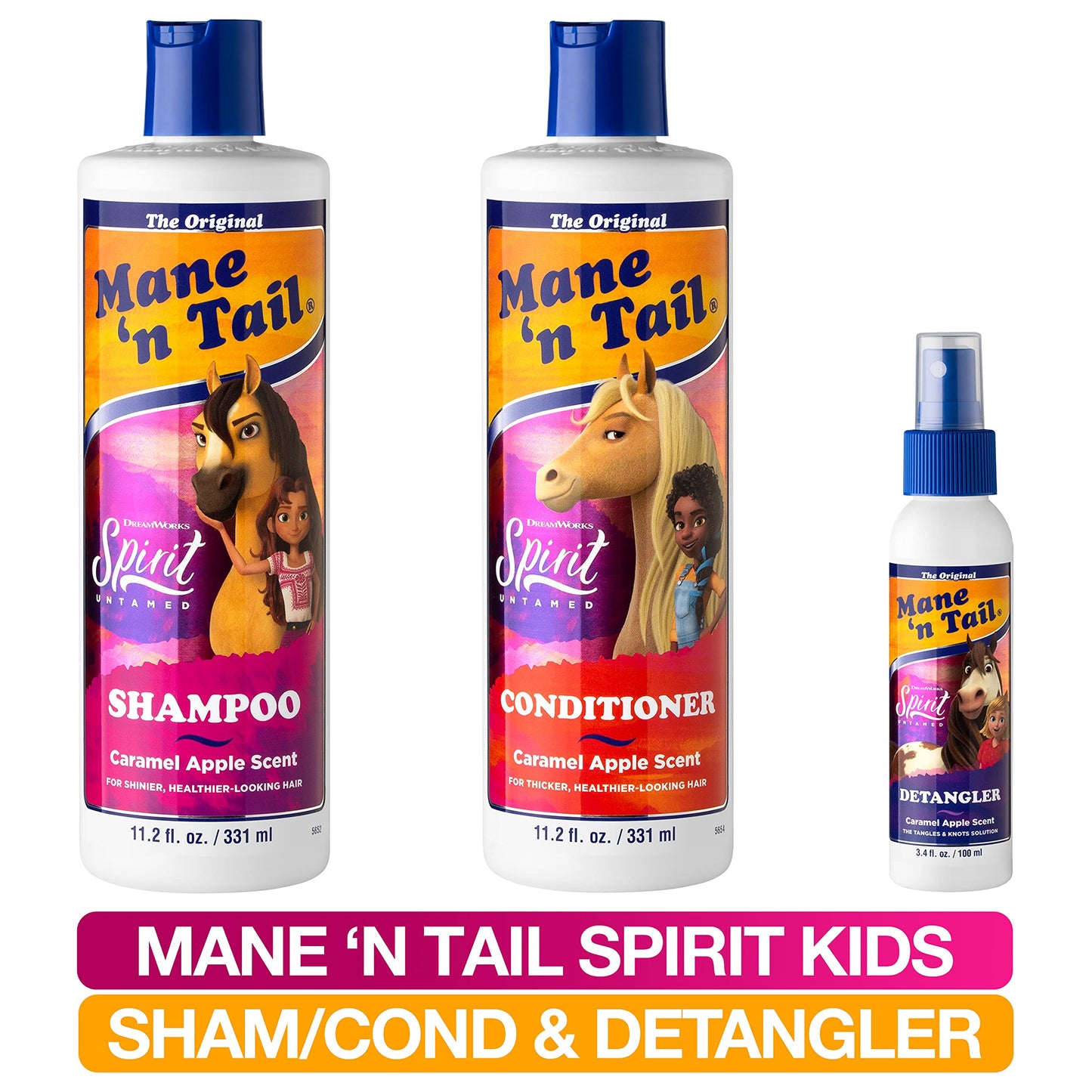 Mane 'n Tail Spirit Untamed Shampoo, Conditioner & Detangler Set - Caramel Apple Scented, Gentle Coconut Oil Formula for Kids, Soft, Silky Hair