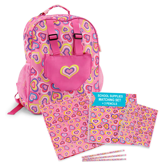 Emily Rose Kids Daypack Overnight Backpack 18-inch Doll Travel Carrier Includes Carry Pouch for Baby Dolls/Stuffed Animals | Little Girls Back Pack for School and Sleepovers (Playful Hearts)