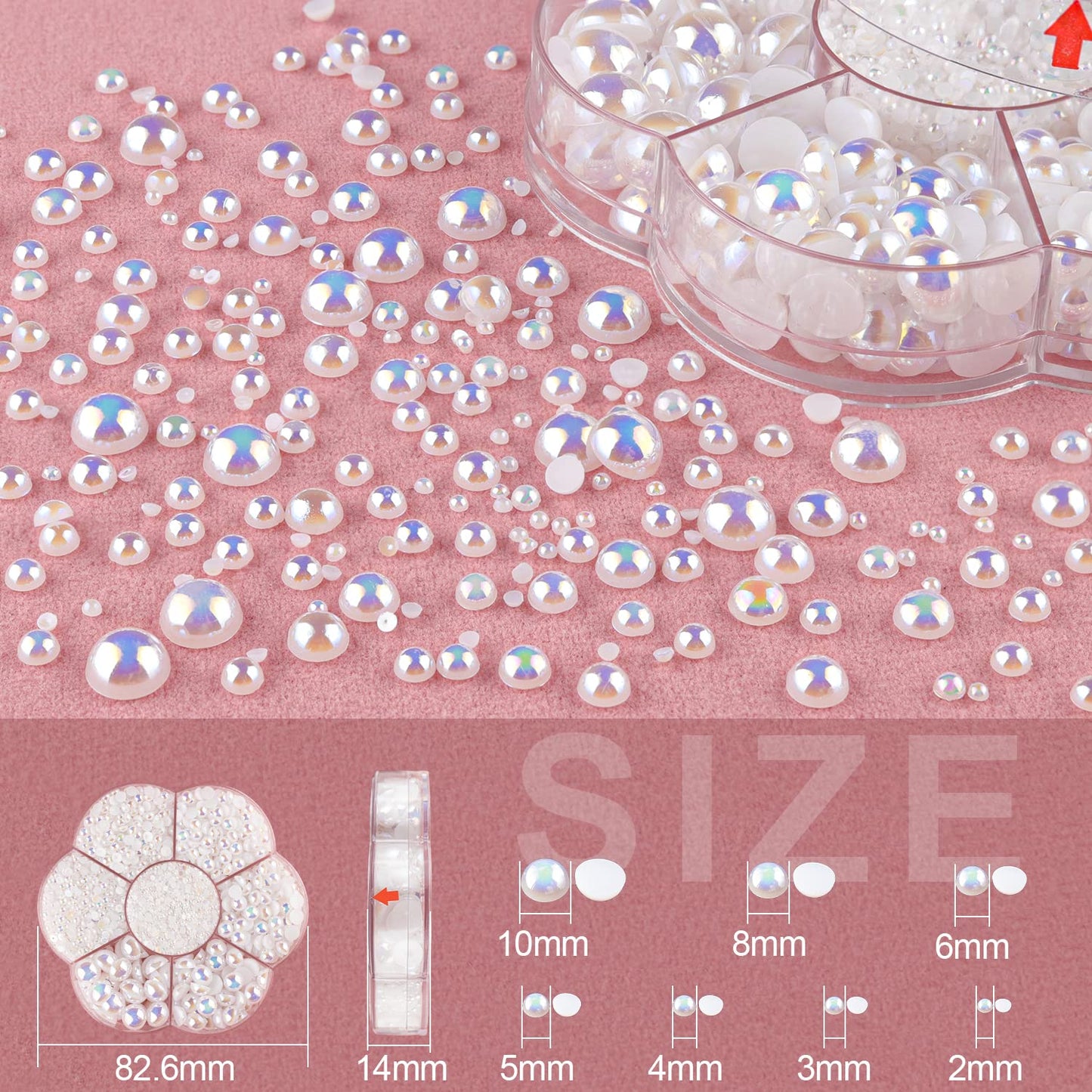 Nail Art Flat Back Half Round Pearl Kits 5, 1 Box of 2400 Pcs Flat-Back White AB Pearl with Tweezer and Picker Pencil for Home DIY Nails Body Face