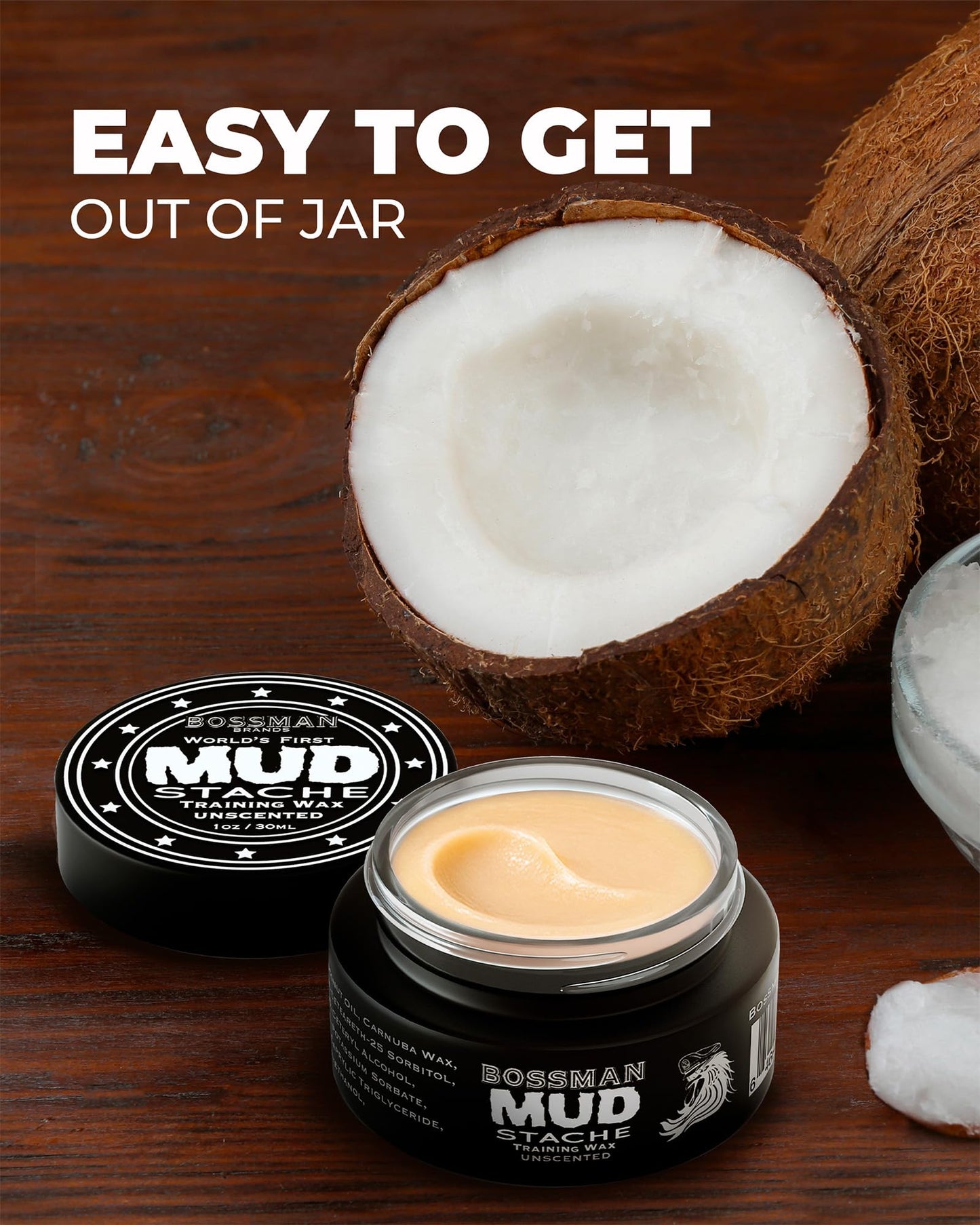 Bossman MUDstache Unscented Mustache Wax for Men (2 oz) - 2 Pack - Strong 24-Hour Hold, Non-Tacky & Easy to Apply for Taming & Styling