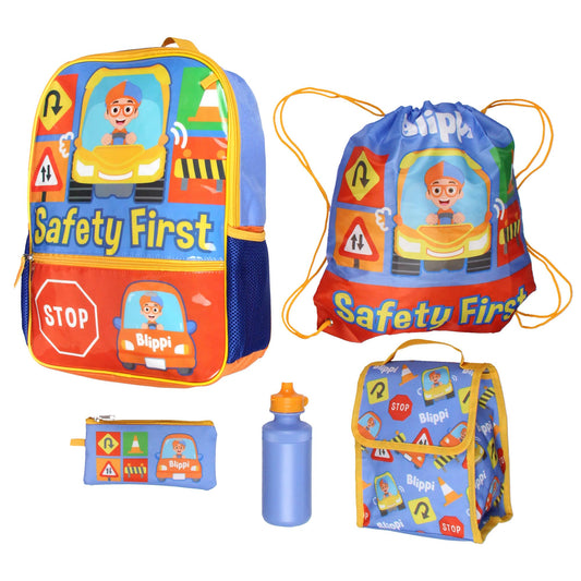 AI ACCESSORY INNOVATIONS Blippi Backpack Safety First Kids School Travel Backpack 5 Pc Set With Lunch Box, Drawstring Bag, Water Bottle, and Pencil Case