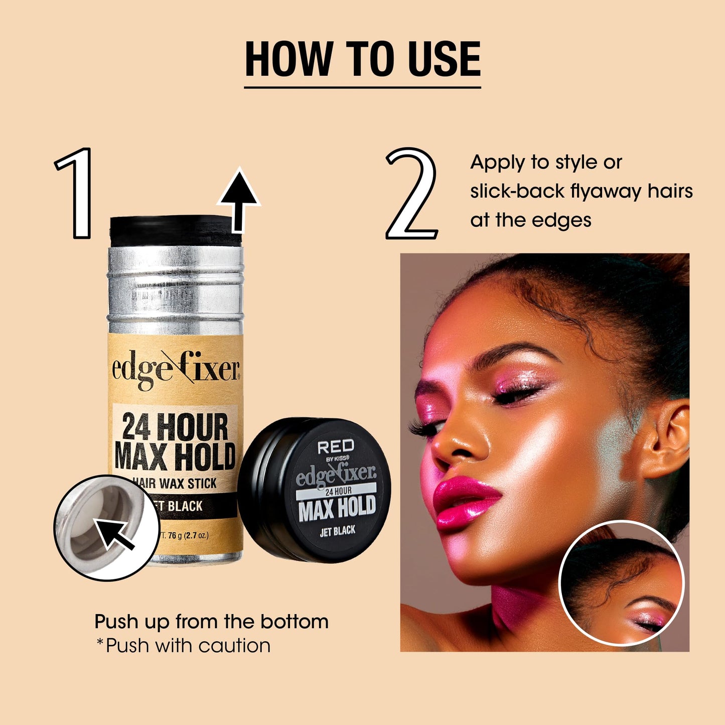 Red by Kiss Hair Wax Stick 24HR Max Hold Edge Fixer Edge Control Pomade Non-Sticky, Non-Oily Flake Free Hair Styling Wax 2.7 oz. (Jet Black)