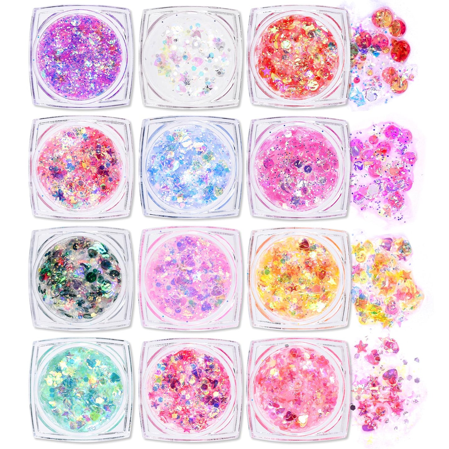 Ownest 12 Colors Holographic Chunky Glitter Gel Set, Christmas Party Makeup Face Body Eye Lips Hair Nail Cosmetic Festival Chunky Glitter Eyeshadow