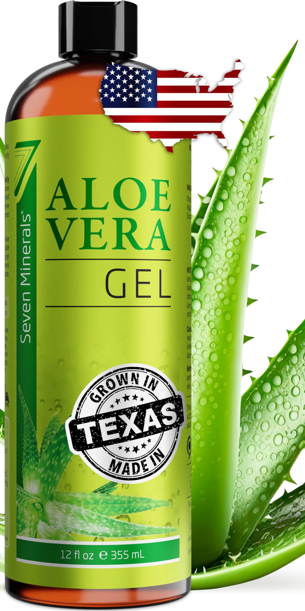Seven Minerals Aloe Vera Gel with Freshly Cut Pure Organic Aloe - Big 12oz - Texas Grown, HighestQuality, Vegan, Unscented, Non-Sticky - After Sun Beauty and Personal Care Seven Minerals Default Title