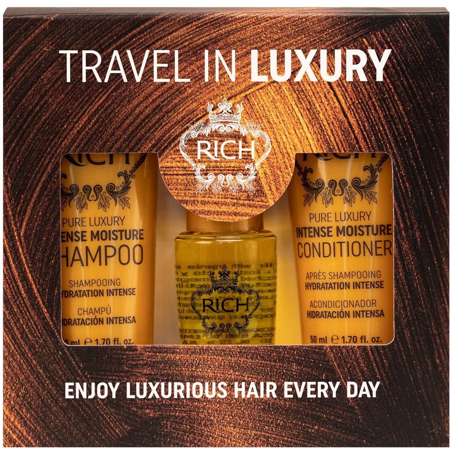 RICH Travel in Luxury Gift Set - Intense Moisture Shampoo 1.70 Fl Oz, Conditioner 1.70 Fl Oz, Argan Oil Elixir 1.0 Fl Oz for moisturzing hair