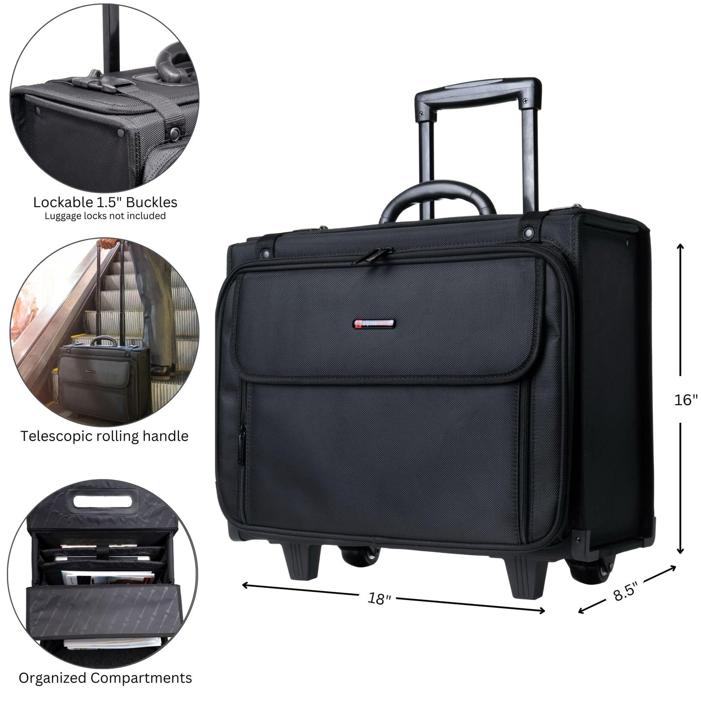 Alpine Swiss Rolling Briefcase | Laptop Bag For Men & Women | Hard Side Catalog Case on Wheels | Legal Size File Dividers | Lawyers Attache Case