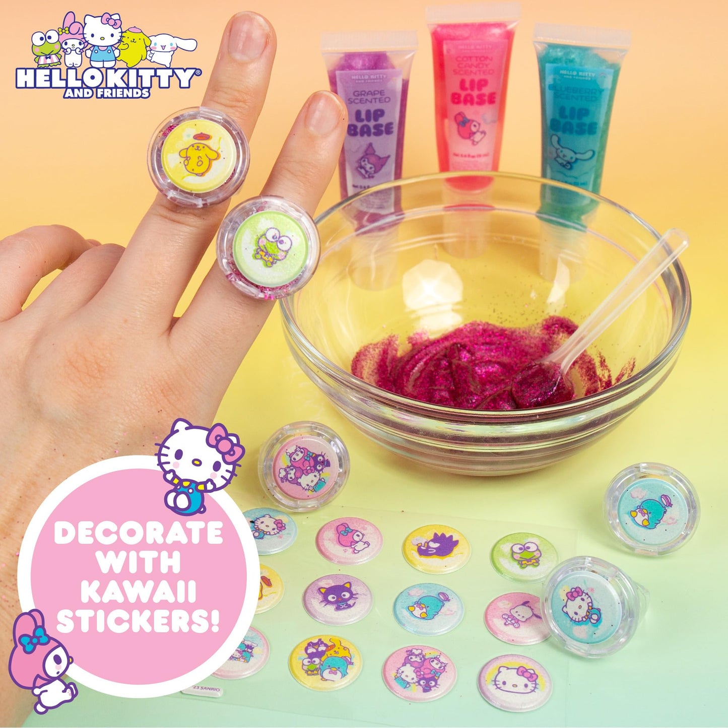 Horizon Group USA Sanrio Hello Kitty and Friends Shimmer Lip Gloss Making Kit, Makes 5 Hello Kitty Glitter Lip Gloss Rings, DIY Hello Kitty Lip Gloss