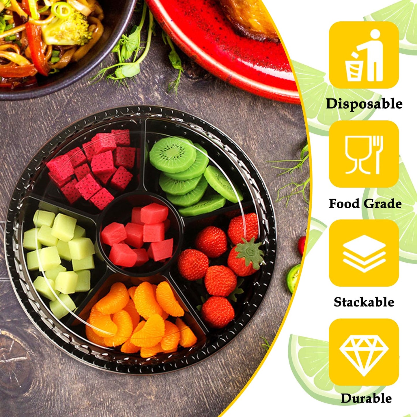 12 Pack Plastic Appetizer Trays with Lid,Disposable Clear Divided Serving Tray,6 Sectional Round Food Storage Container Platter…