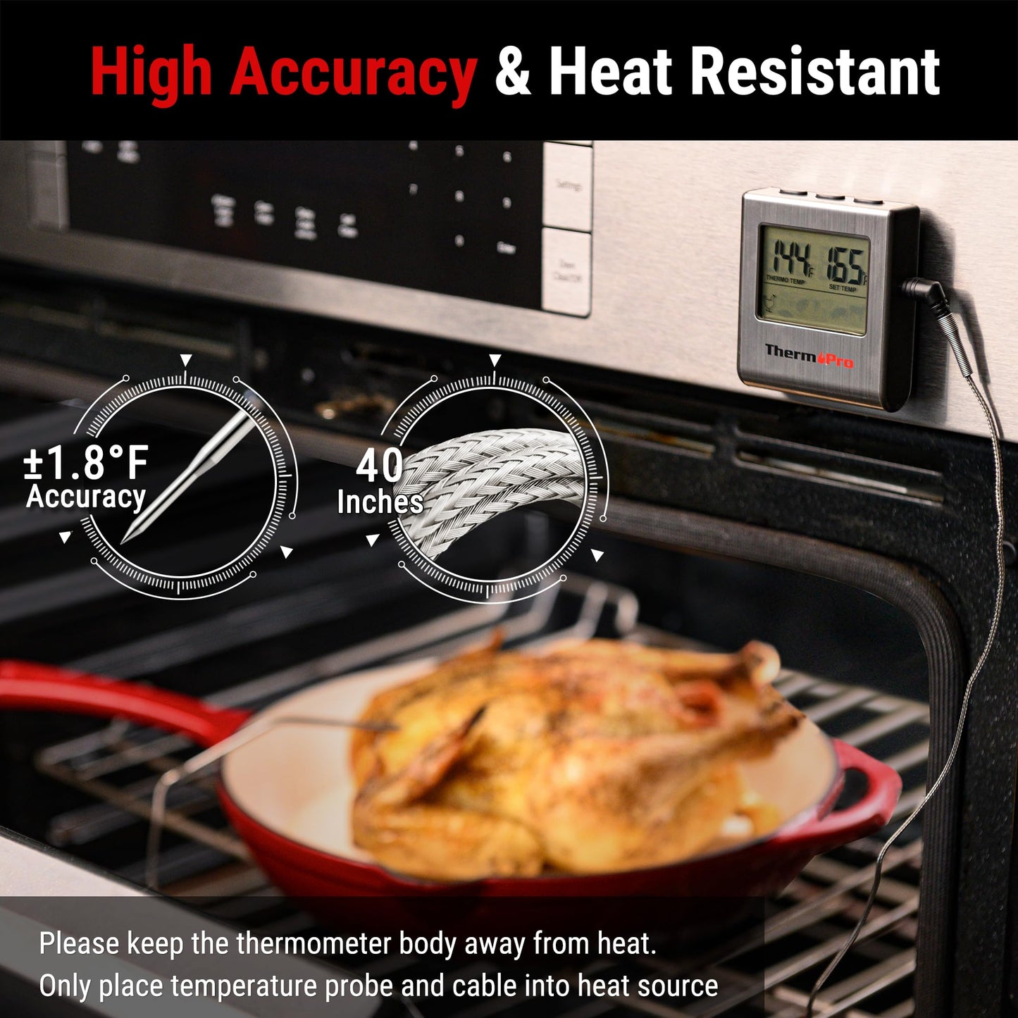 ThermoPro TP16 Digital Meat Thermometer with Large LCD, Timer & Stainless Steel Probe for Oven, Smoker, BBQ & Kitchen