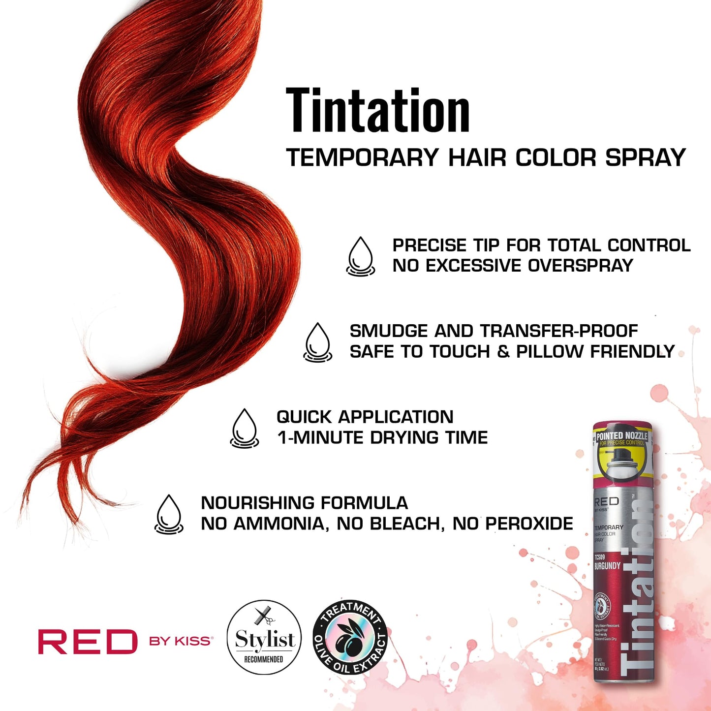 Red by Kiss Tintation Temporary Hair Color Spray 2.82oz, Quick-Dry & Smudge-Proof, Vivid Color Washable Hair Dye, Styling Spray Cosplay Halloween