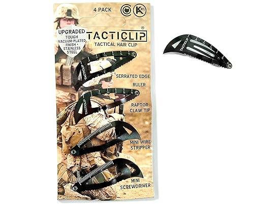 Tactical Hair Clips, 4 Pack - Black - Multitool Snap Barrettes - Laser Engraved, Vacuum Plated, Multi-Functional Keychain Multi Tool - Box Cutter