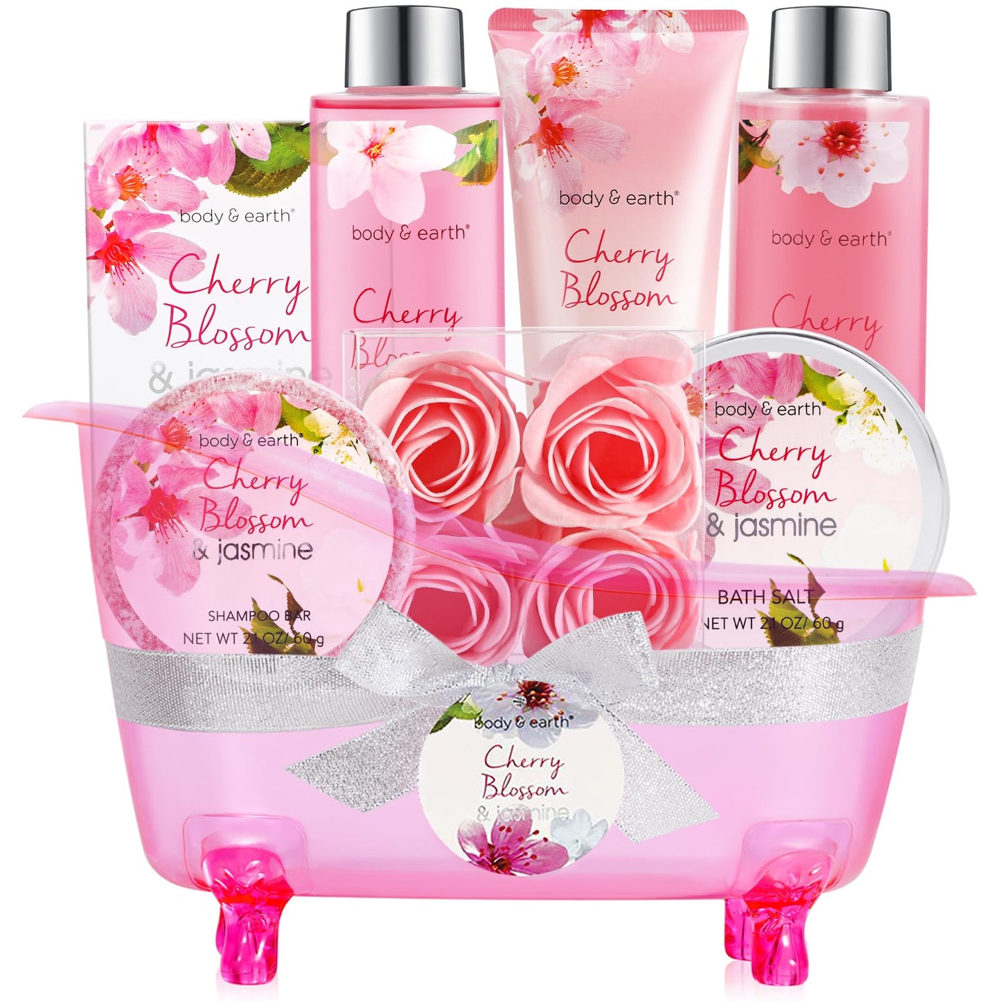 Body & Earth Spa Gifts for Women Self Care Kit - 8pcs Cherry Blossom & Jasmine Bath Sets for Women, Birthday, Mother's Day Gift Baskets for Mother Beauty & Personal Care BODY & EARTH