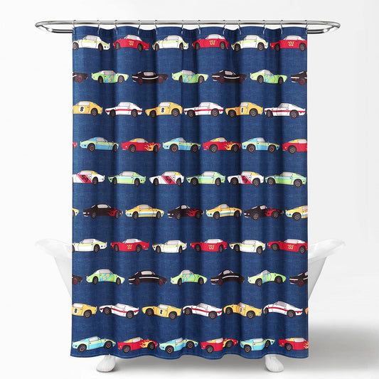 Lush Decor Race Cars Shower Curtain Single 72" W x 72" L Navy - Fabric Shower Curtains for Bathroom - Car Decor - Kids Bathroom Curtain