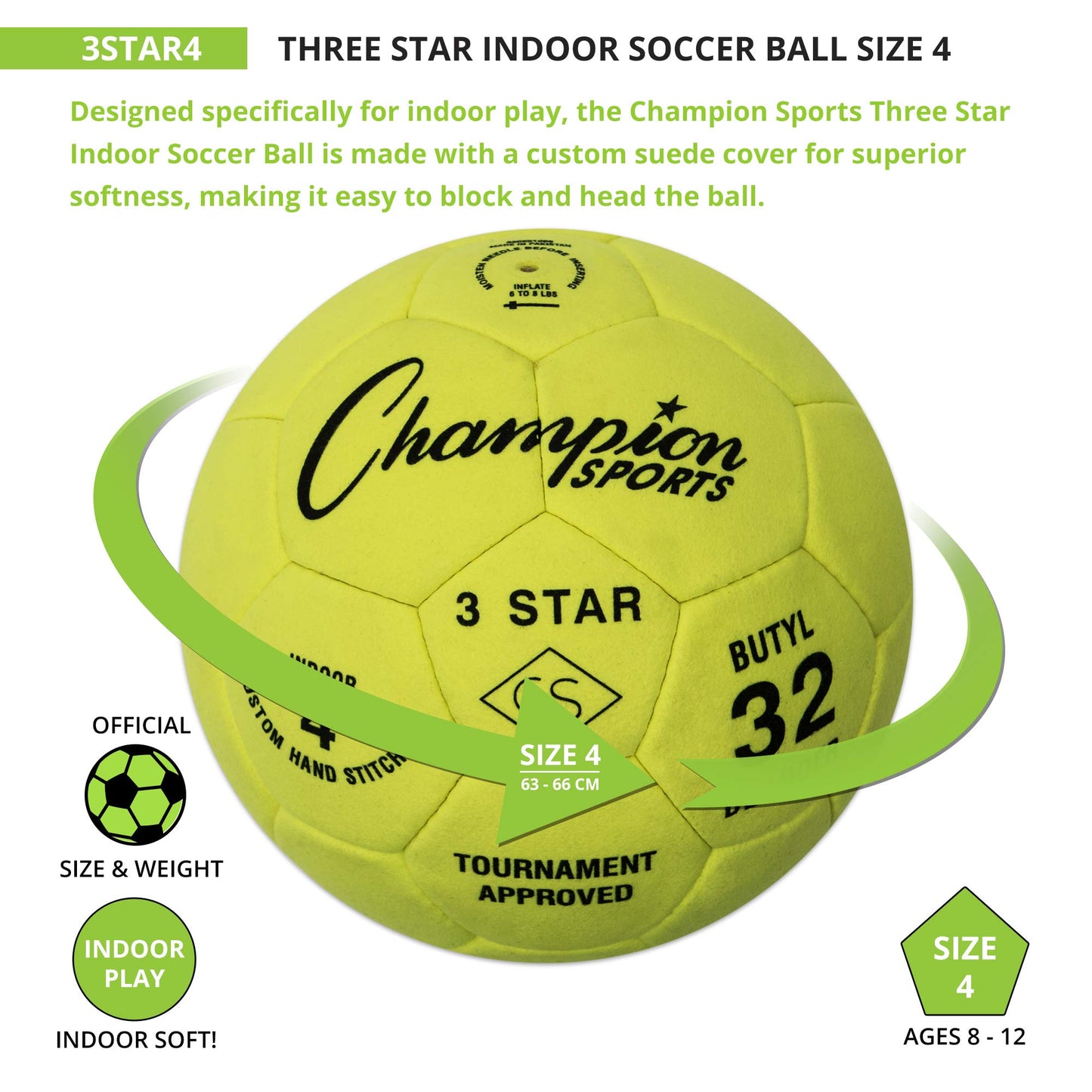 Champion Sports unisex adult (Ages 8 to 12) 3 Star Indoor Soccer Ball Size 4, Bright Yellow, Size 4 US