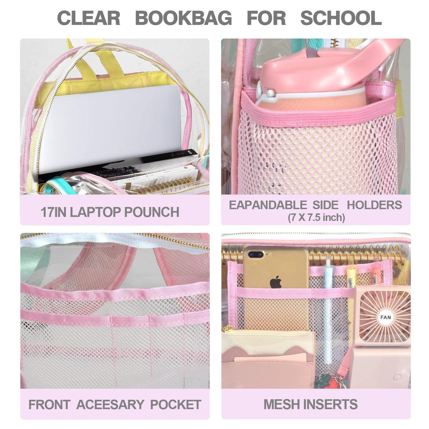 BYXEPA Clear Backpack Heavy Duty TPU See Through Transparent Backpack with Reinforced Strap & Large Capacity for Girls Women School College Workplace Security - Pink, 16.1in