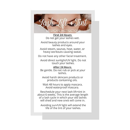 Lash Lift + Tint Aftercare Instruction Cards | 50 Pack | 2 x 3.5” inches Business Card Single Side | Eyelash Lift and Tint Kit at home diy aftercare