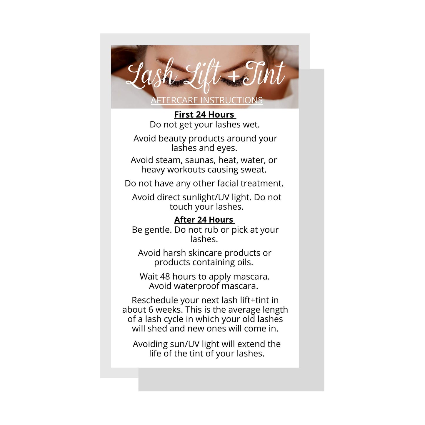 Lash Lift + Tint Aftercare Instruction Cards | 50 Pack | 2 x 3.5” inches Business Card Single Side | Eyelash Lift and Tint Kit at home diy aftercare