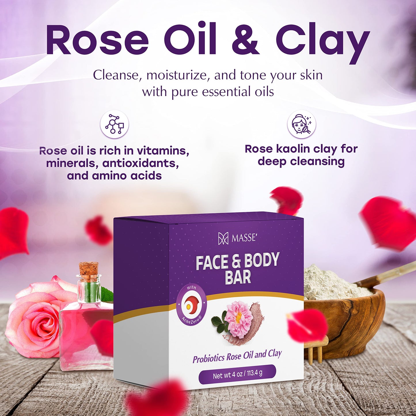 MASSE' Face & Body Bar - Probiotic with Rose Oil & Clay Infused cleansing body bar with Coleus, Vitex Berry Extracts - For Men and Women - Ideal