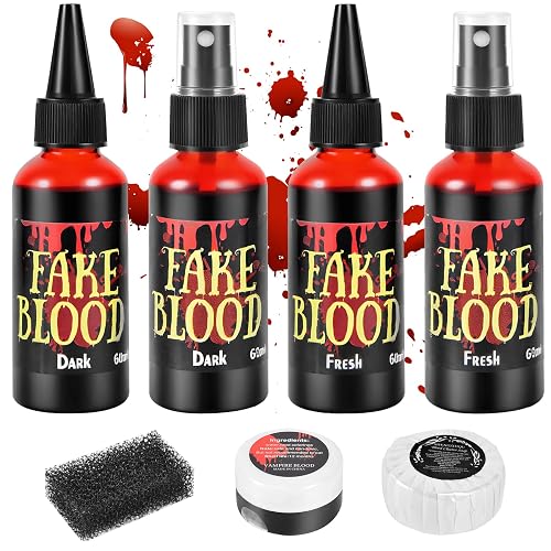 JAYUWE 7 PCS Halloween Fake Blood Spray Makeup Kit - Fake Blood 2.1oz X4 + Coagulated Blood Gel 1.41oz + Soap + Sponge, Washable Blood Paint