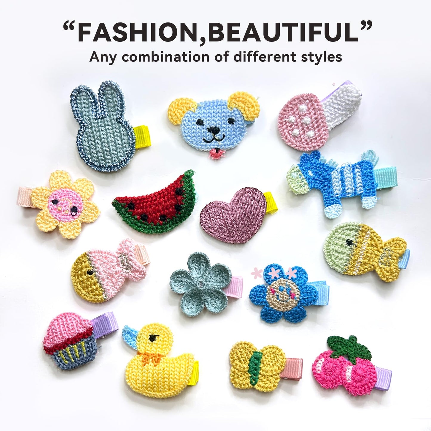 RIMOBUL 15 Pieces Girl Hair Clips Cute Barrettes Crocheted Hair Accessories Flower Fruit Animal Pattern Hair Clip Ice Cream Hair Clip for Girl,Heart