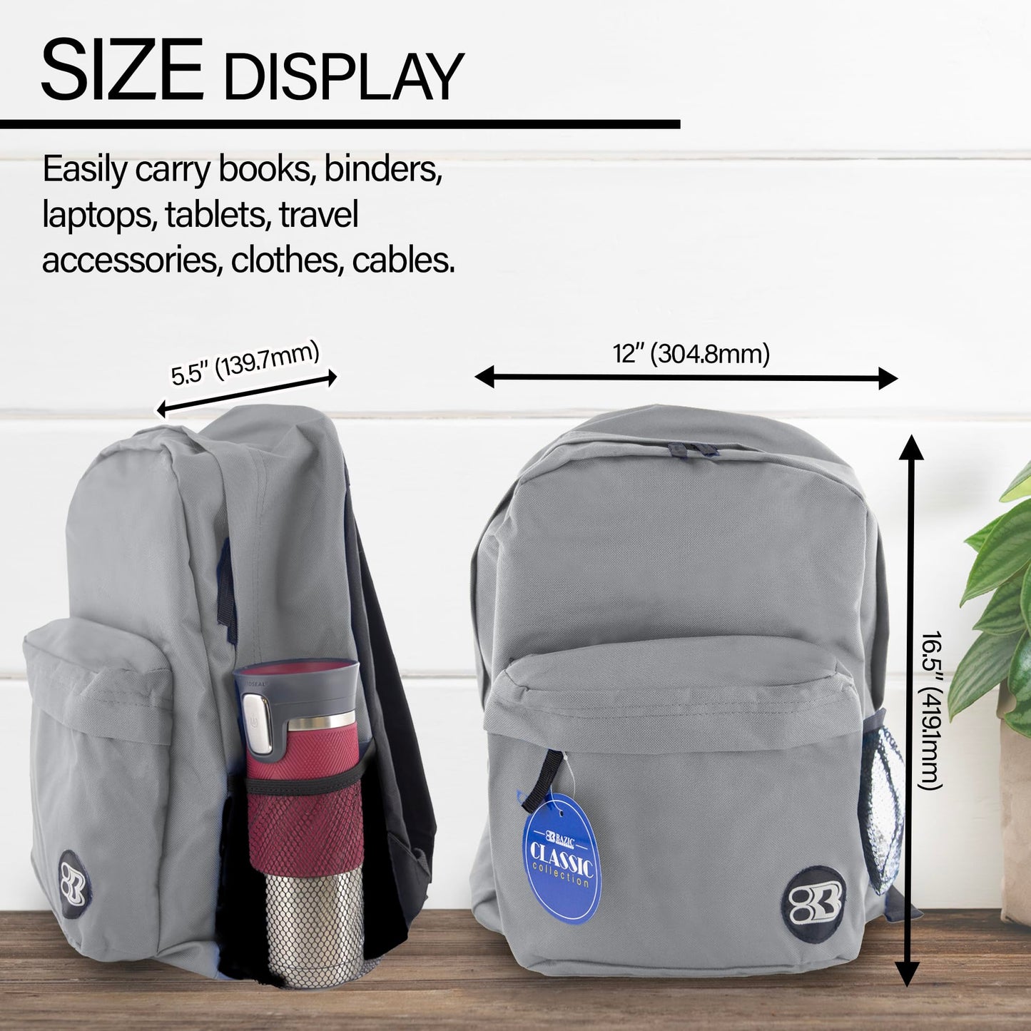 BAZIC PRODUCTS School Backpack 17" Gray, Lightweight School Bag Padded Back & Adjustable Strap for Students, Travel Bag Fit A4 Notebook, 1-Pack