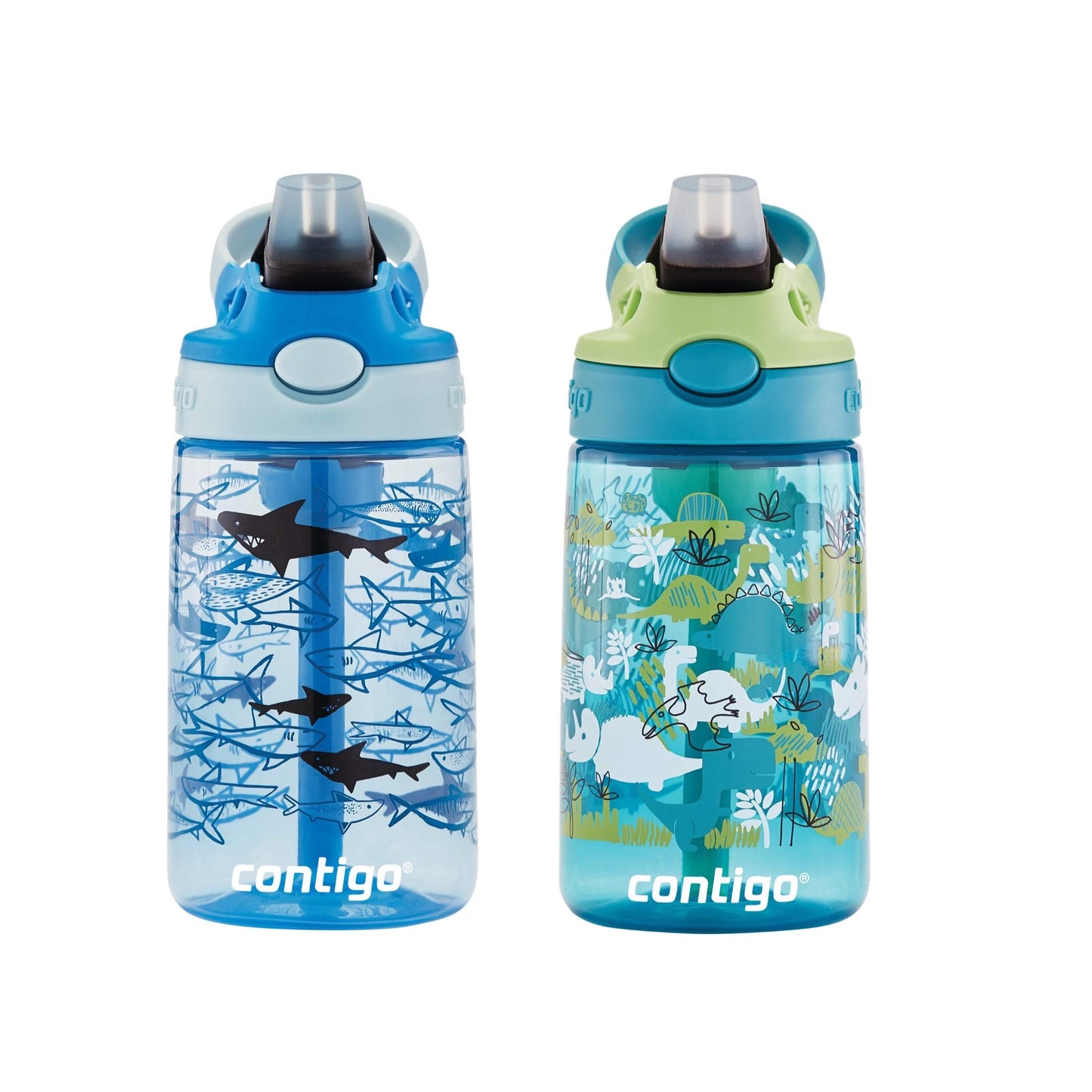 Contigo Aubrey Kids Water Bottle, 2-Pack, 14oz, Dinos & Sharks, Spill-Proof Lid, Dishwasher Safe, Blue & Green
