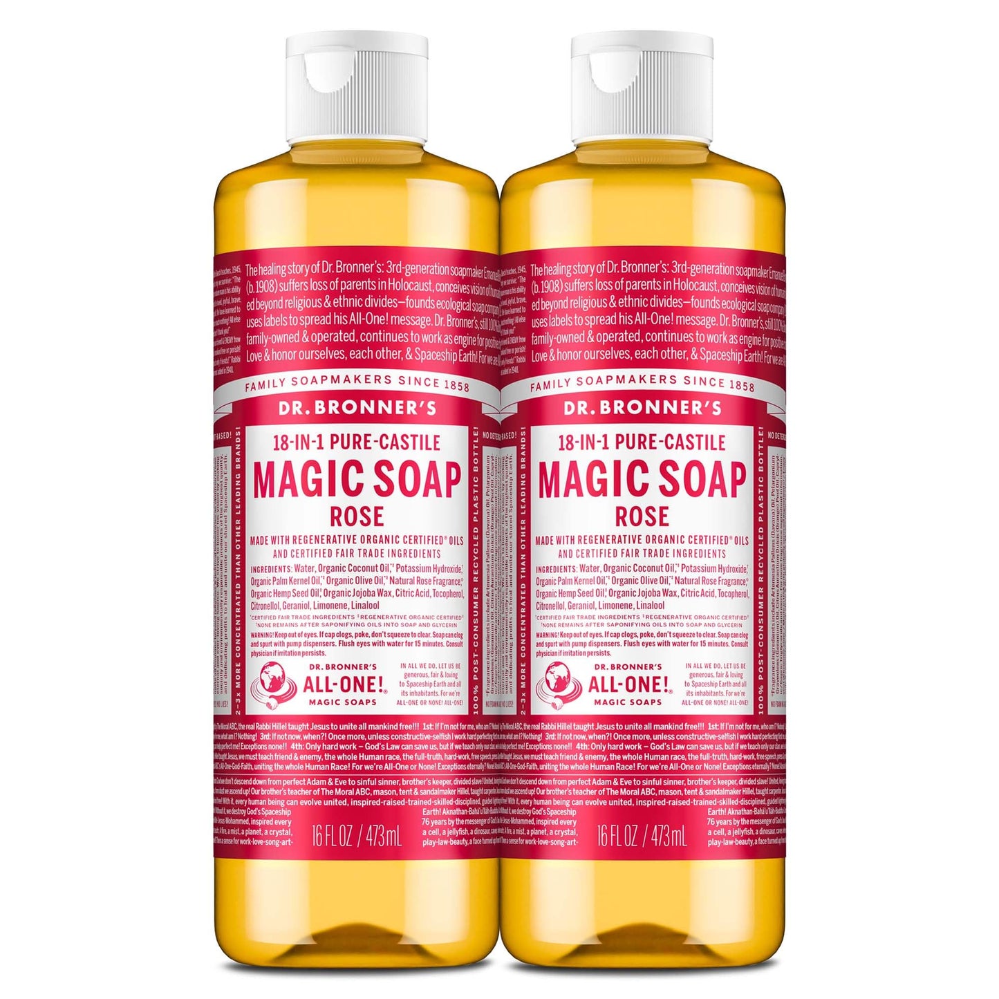 Dr. Bronner's Pure-Castile Magic Liquid Soap (Rose, 16 Ounce, 2-Pack)- Made with Regenerative Organic Certified Oils, 18-in1 Uses: Face, Hair, Hand