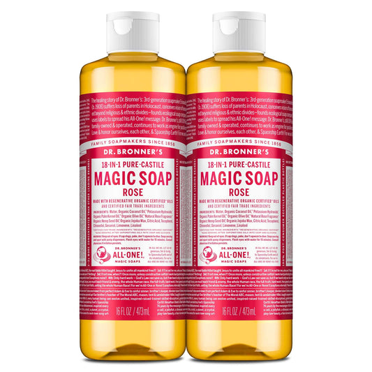 Dr. Bronner's Pure-Castile Magic Liquid Soap (Rose, 16 Ounce, 2-Pack)- Made with Regenerative Organic Certified Oils, 18-in1 Uses: Face, Hair, Hand