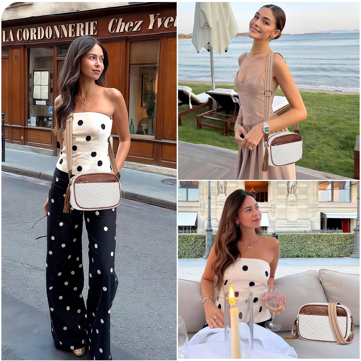 Crossbody Bags for Women Shoulder Handbags: Quilted Wallet Set Vegan Leather Purses with Tassel Adjustable Guitar Wide Strap White-Brown