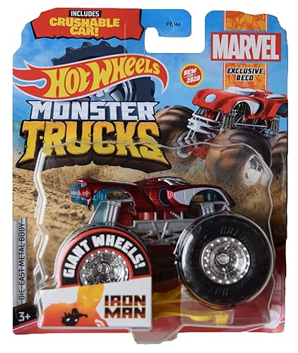 Hot Wheels Monster Trucks Iron Man, [Exclusive Deco, Chase] Includes Crushable car 1:64 Scale die cast