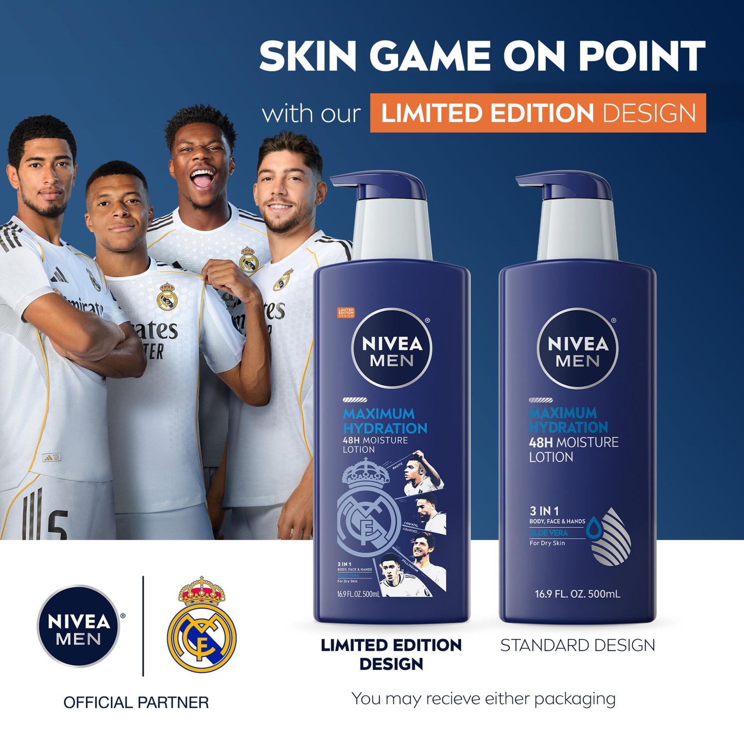 NIVEA MEN Real Madrid Limited Edition Design Maximum Hydration 48-Hour Moisture Body Lotion for Dry Skin, Aloe Vera Lotion for Men, 3-in-1 Body, Face